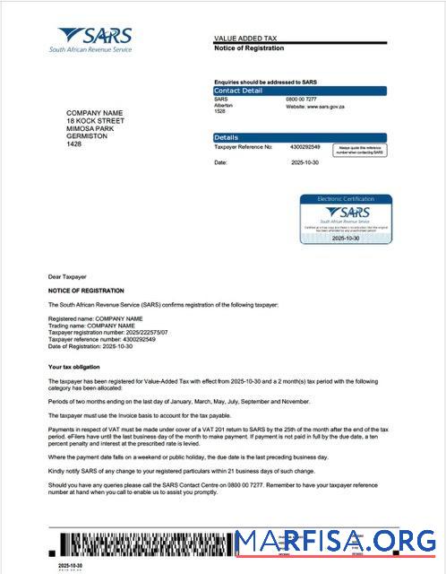 Downloadable South Africa value added tax certificate Word and PDF template